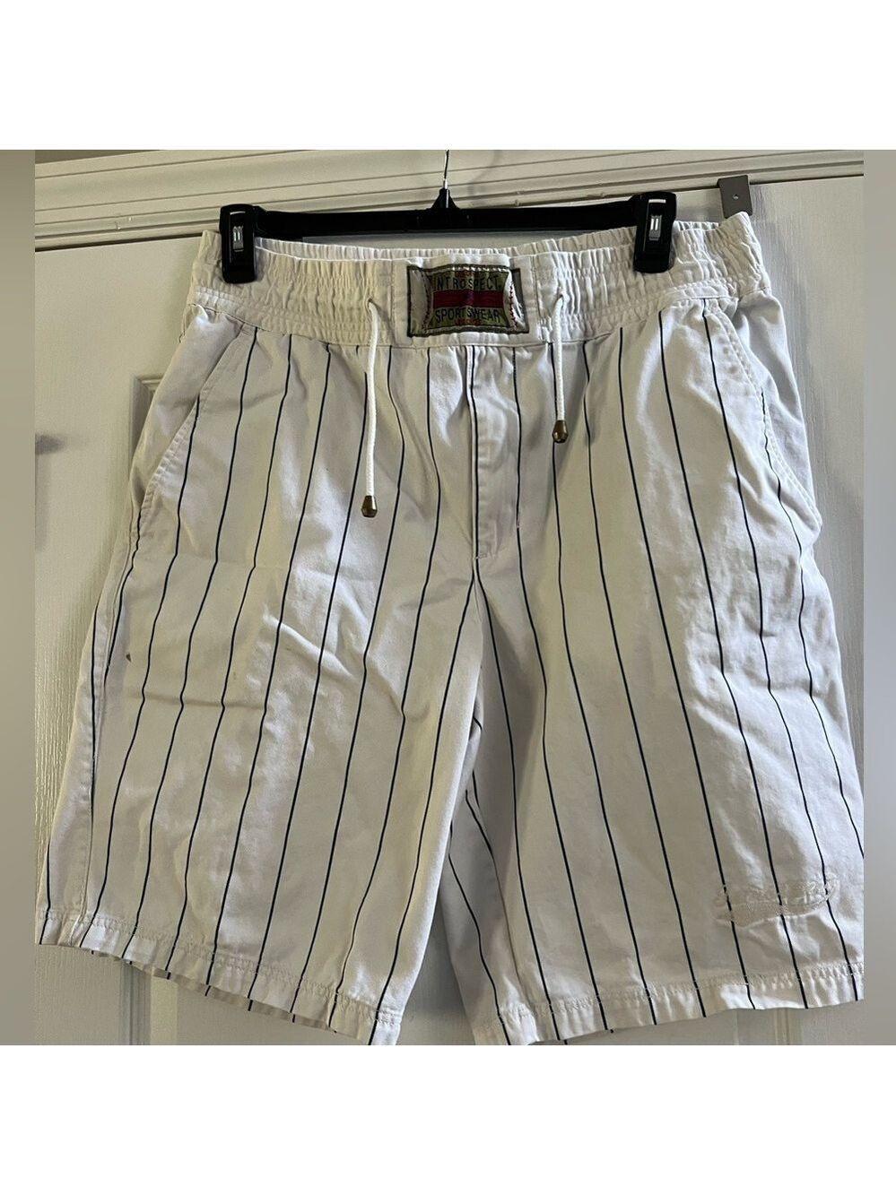 Men’s Vintage Introspect Sportswear white/navy striped shorts. Size Small